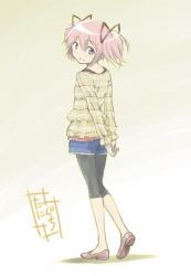 Rule 34 | 1girl, alternate costume, arms behind back, bare legs, beige background, black pantyhose, blush, brown footwear, casual, closed mouth, commentary request, denim, denim shorts, dot nose, frilled shirt, frills, full body, hair between eyes, hair ribbon, happy, kaname madoka, loafers, looking at viewer, looking back, mahou shoujo madoka magica, mahou shoujo madoka magica (anime), nape, own hands together, pantyhose, pantyhose under shorts, pink eyes, pink hair, plaid, plaid shirt, red ribbon, ribbon, shadow, shirt, shoes, short twintails, shorts, sidelocks, signature, simple background, smile, solo, standing, standing on one leg, taniguchi jun&#039;ichirou, twintails, yellow shirt