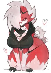 Rule 34 | animal ears, black hair, black hoodie, black panties, blush, breasts, claws, cleavage, collar, colored sclera, creatures (company), earrings, furry, furry female, game freak, gen 7 pokemon, highres, hood, hoodie, jewelry, large breasts, long hair, looking at viewer, lycanroc, lycanroc (midnight), multicolored hair, nintendo, panties, pokemon, pokemon (creature), red fur, red sclera, snout, spiked collar, spikes, tail, thick thighs, thighs, togetoge, underwear, white fur, white hair, wide hips, wolf ears, wolf girl, wolf tail