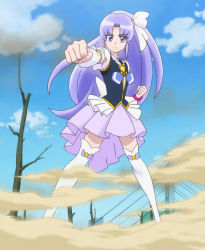 Rule 34 | 10s, 1girl, boots, clenched hand, clenched hands, cloud, cure fortune, day, foreshortening, happinesscharge precure!, highres, hikawa iona, long hair, official art, pleated skirt, ponytail, precure, purple eyes, purple hair, screencap, skirt, sky, smoke, solo, thigh boots, thighhighs
