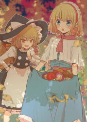Rule 34 | 2girls, alice margatroid, aoi (annbi), apron, ascot, autumn, backpack, bag, black dress, blonde hair, blue dress, blue eyes, blush, bow, braid, buttons, capelet, cowboy shot, dress, frilled dress, frilled skirt, frills, hair bow, hairband, hand on own hip, hand on own face, hat, hat bow, highres, kirisame marisa, lolita hairband, long sleeves, looking at another, multiple girls, mushroom, open mouth, red bow, red hairband, sash, short hair, side braid, single braid, skirt, skirt basket, touhou, waist apron, white bow, witch hat, yellow eyes