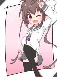 Rule 34 | 1girl, black thighhighs, blush, brown hair, dot nose, fang, female focus, flesh fang, long hair, long sleeve shirt, momochi tamate, one eye closed, open clothes, purple eyes, riru, school uniform, slow start, solo, standing, standing on one leg, thighhighs, twintails, v
