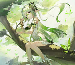 Rule 34 | 1girl, bad id, bad twitter id, bare shoulders, bracelet, branch, closed mouth, dress, elf, forest, genshin impact, green eyes, green hair, hair ornament, highres, jewelry, legs, long hair, looking at viewer, nahida (genshin impact), nature, pointy ears, scottie (phantom2), shoes, sitting, socks, solo, thighs, white dress, white footwear, white socks