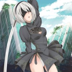 Rule 34 | 1girl, android, breasts, cleavage, closed mouth, dress, feather trim, from behind, gloves, grey hair, hairband, katana, lips, long sleeves, mole, mole under mouth, nier (series), nier:automata, puffy sleeves, short hair, sword, thighhighs, thighs, turtleneck, weapon, 2b (nier:automata)