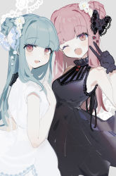 Rule 34 | 2girls, absurdres, bare arms, black bow, black dress, black gloves, blue hair, blunt bangs, bow, butterfly bowtie, commentary, dress, fang, flower, gloves, grey background, hair bow, hair flower, hair ornament, hand on another&#039;s shoulder, highres, imamiya pinoko, kotonoha akane, kotonoha aoi, lace-trimmed bow, lace trim, multiple girls, one eye closed, open mouth, pink hair, red eyes, siblings, sisters, skin fang, sleeveless, sleeveless dress, smile, v, voiceroid, white bow, white dress, white flower