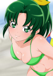Rule 34 | 1girl, ball, beach, beachball, bikini, breasts, closed mouth, collarbone, day, fuchi (nightmare), green bikini, green eyes, green hair, high ponytail, highres, holding, holding ball, large breasts, long hair, looking at viewer, midorikawa nao, navel, ocean, outdoors, precure, sand, smile, smile precure!, solo, standing, stomach, swimsuit