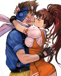 Rule 34 | 1boy, 1girl, alfred (fatal fury), artist request, ass, bandages, bandaid, blue eyes, blush, breast press, breasts, brown hair, couple, crossover, closed eyes, fatal fury, goggles, goggles on head, hair ribbon, highres, hug, injury, kiss, large breasts, long hair, nervous, ponytail, ribbon, snk, surprised, takeuchi yuka, variable geo, waitress