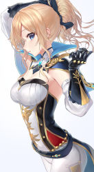 Rule 34 | 1girl, absurdres, belt, blonde hair, blue capelet, blurry, blush, breasts, capelet, cleavage, gauntlets, genshin impact, highres, jean (genshin impact), large breasts, long hair, looking at viewer, monegi, multicolored capelet, open mouth, pants, ponytail, sidelocks, simple background, solo, tight clothes, tight pants, white background, white pants