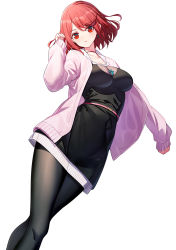 Rule 34 | 1girl, black dress, breasts, cleavage, collarbone, commentary request, dress, earrings, feet out of frame, head tilt, highres, jacket, jewelry, long sleeves, looking at viewer, medium breasts, pantyhose, parted lips, pink jacket, pyra (xenoblade), red eyes, red hair, ririko (zhuoyandesailaer), simple background, sleeves past wrists, solo, white background, xenoblade chronicles (series), xenoblade chronicles 2