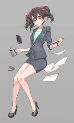 Rule 34 | 10s, 1girl, absurdres, bare legs, black hair, bow, cellphone, coffee, coffee mug, cup, free style (yohan1754), full body, grey background, hair bow, high heels, highres, love live!, love live! school idol project, miniskirt, mouth hold, mug, no socks, notepad, office lady, papers, pen, pencil skirt, phone, red bow, red eyes, simple background, skirt, smartphone, solo, twintails, yazawa nico