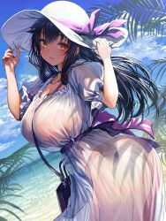 Rule 34 | 1girl, ass, bag, beach, between breasts, blue hair, blush, bra, bra visible through clothes, breasts, cleavage, closed mouth, cloud, collarbone, dark blue hair, dress, frilled dress, frilled sleeves, frills, gibagiba, hands on headwear, hat, highres, holding, holding clothes, holding hat, huge breasts, large breasts, light smile, lips, long hair, looking at viewer, looking to the side, mole, mole under eye, ocean, original, outdoors, palm tree, panties, puffy short sleeves, puffy sleeves, see-through, see-through dress, shaded face, shadow, short sleeves, shoulder bag, sky, smile, solo, strap between breasts, sun hat, transparent, transparent dress, tree, twisted torso, underwear, very long hair, waves, white dress, white hat, yellow bra, yellow eyes, yellow panties