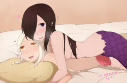 Rule 34 | 2girls, absurdres, bed, black hair, breast press, breasts, highres, lamia, magica2, monster girl, multiple girls, pussy, small breasts, unbirthing, white hair, yuri