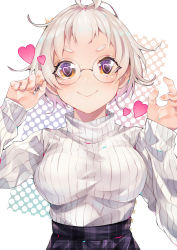 Rule 34 | 1girl, absurdres, blush, breasts, glasses, heart, heart-shaped pupils, highres, large breasts, looking at viewer, nanase akira (ekmm4442), original, purple eyes, ribbed sweater, short hair, smile, solo, sweater, symbol-shaped pupils, thick eyebrows, turtleneck, white hair