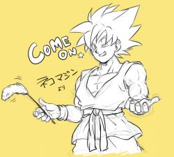 Rule 34 | 1boy, ;), cattail, dougi, dragon ball, dragonball z, grin, looking at viewer, male focus, monochrome, one eye closed, outstretched arms, plant, short hair, simple background, smile, solo, solo focus, son goku, spiked hair, star (symbol), super saiyan, super saiyan 1, text focus, tkgsize, translation request, wristband, yellow background, yellow theme
