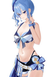 Rule 34 | 1girl, absurdres, belt, bikini, bikini shorts, blue eyes, blue hair, breasts, cowboy shot, eipanguino, gold trim, highres, hololive, hololive summer 2023 swimsuit, hoshimachi suisei, navel, shorts, side ponytail, simple background, small breasts, smile, solo, star (symbol), star in eye, stomach, swimsuit, symbol in eye, virtual youtuber, white background, white belt