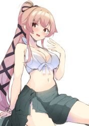Rule 34 | 1girl, arm support, bare arms, bare shoulders, bikini, blush, breasts, cleavage, collarbone, green sarong, hair between eyes, kantai collection, large breasts, long hair, navel, open mouth, pink hair, ponytail, sarong, simple background, solo, swimsuit, very long hair, white background, white bikini, yellow eyes, yura (kancolle), zarashi