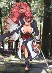 Rule 34 | 1girl, baiken, breasts, forest, guilty gear, large breasts, nature, solo, sword, weapon