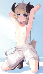 Rule 34 | 1girl, absurdres, animal ears, armpits, arms up, black footwear, blonde hair, blue eyes, blunt bangs, boots, breasts, collarbone, commentary, full body, goat ears, goat girl, goat horns, goat tail, highres, horizontal pupils, horns, kneeling, looking at viewer, nipples, original, puffy shorts, short eyebrows, short hair, shorts, small breasts, socks, solo, suspender shorts, suspenders, thick eyebrows, topless, white shorts, yoako