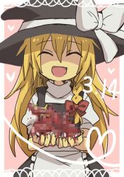 Rule 34 | 1girl, :d, apron, black hat, black skirt, black vest, blonde hair, blood, bow, braid, censored, closed eyes, commentary request, cookie (touhou), cowboy shot, dated, guro, hair between eyes, hair bow, hat, hat bow, heart, holding, kirisame marisa, long hair, mosaic censoring, nahori (hotbeans), open mouth, puffy short sleeves, puffy sleeves, red bow, shaded face, shirt, short sleeves, single braid, skirt, skirt set, smile, solo, suzu (cookie), touhou, turtleneck, vest, waist apron, white apron, white bow, white day, white shirt, witch hat