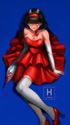 Rule 34 | 1girl, artist name, blood, blood on clothes, blood on face, blood splatter, bloody weapon, blue background, blue hair, breasts, cosplay, dragon ball, dragonball z, dress, elbow gloves, gloves, hairband, high heels, highres, hydeover9000, looking at viewer, medium breasts, medium hair, perfect blue, red dress, red footwear, red hairband, solo, strapless, strapless dress, thighhighs, umbrella, videl, weapon, white gloves, white thighhighs
