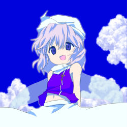 Rule 34 | 1girl, adapted costume, apron, arms behind back, bad id, bad pixiv id, blue eyes, blue vest, child, cloud, female focus, hat, letty whiterock, light purple hair, looking at viewer, midriff, navel, no nose, open mouth, outdoors, purple hair, sawayaka samehada, short hair, sky, sleeveless, smile, solo, touhou, vest, waist apron, wings, aged down