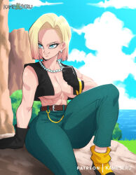 1girl abs android_18 artist_name belt black_gloves black_vest blonde_hair blue_eyes bracelet breasts cloud denim dragon_ball dragonball_z earrings gloves jeans jewelry kameseru medium_breasts nature necklace no_shirt pants pearl_necklace shoes short_hair smile solo thighs vest