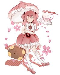 Rule 34 | 1girl, absurdres, artist name, bag, cherry blossom cookie, cherry blossoms, closed eyes, cookie run, cup, hair ornament, handbag, highres, kneehighs, long hair, mary janes, parasol, petals, pink hair, pink skirt, pink theme, ryon (13818212), ryon (alicecuti), ryon owo, ryona (alicecuti), shoes, skirt, smile, socks, solo, tea, teacup, two side up, umbrella, white socks