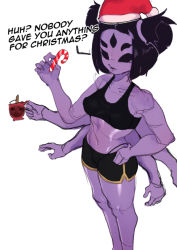 Rule 34 | 1girl, arthropod girl, black eyes, black hair, black shorts, black tank top, breasts, christmas, colored skin, english text, extra arms, extra eyes, hat, holding, insect girl, midriff, monster girl, muffet, navel, purple skin, red hat, samma9, santa hat, short shorts, shorts, simple background, solo, spider girl, tank top, twintails, undertale, white background