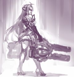 Rule 34 | 1girl, android, ass, bad id, bad twitter id, bare shoulders, breasts, elbow gloves, expressionless, forehead protector, gloves, gun, kos-mos, kos-mos re:, large breasts, leotard, long hair, looking at viewer, monochrome, negresco, nintendo, solo, standing, thighhighs, very long hair, weapon, white leotard, xenoblade chronicles (series), xenoblade chronicles 2, xenoblade chronicles (series), xenoblade chronicles 2, xenosaga
