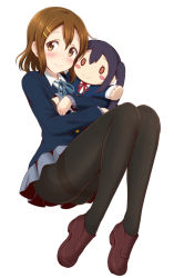 Rule 34 | 1girl, black pantyhose, blazer, blue jacket, blue ribbon, blue skirt, blush, blush stickers, brown eyes, brown footwear, brown hair, character doll, ckst, closed mouth, commentary request, full body, hair ornament, hairclip, highres, hirasawa yui, holding, invisible chair, jacket, k-on!, long sleeves, looking at viewer, miniskirt, nakano azusa, pantyhose, red ribbon, ribbon, school uniform, shoes, short hair, simple background, sitting, skirt, smile, solo, tareme, thighband pantyhose, white background, wing collar