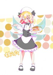 Rule 34 | 1girl, back bow, black dress, black footwear, blonde hair, bow, dress, fairy wings, food, frilled dress, frills, fruit, full body, highres, holding, holding plate, large bow, long sleeves, looking at viewer, luna child, mary janes, medium hair, momopato (rplpn), one eye closed, open mouth, pancake, plate, shirt, shoes, socks, solo, souffle pancake, standing, strawberry, syrup, touhou, whipped cream, white bow, white headwear, white shirt, white socks, wings