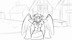 Rule 34 | alac, animated, animated gif, bouncing breasts, breasts, cape, chimney, exercising, greyscale, hair ribbon, house, long hair, monochrome, reiuji utsuho, ribbon, sit-up, smile, touhou, very long hair, wings