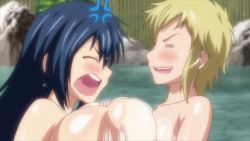 Rule 34 | 2girls, anger vein, angry, animated, animated gif, bath, blonde hair, blue hair, blush, bouncing breasts, breast hold, breasts squeezed together, breasts, flat chest, gigantic breasts, highres, hoods entertainment, kaede (manyuu hikenchou), large nipples, lotion, manyuu chifusa, manyuu hikenchou, multiple girls, nipples, nude, open mouth, purple eyes, surprised, sweat, takagi jun, wet, yellow eyes