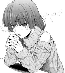 Rule 34 | 1girl, bocchi the rock!, cup, greyscale, hands on table, highres, hiroi kikuri, holding, holding cup, looking at viewer, lowlifescore, monochrome, mug, nail polish, simple background, star (symbol), sweater, turtleneck, white background