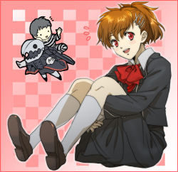 Rule 34 | :d, atlus, bream-tan, brown hair, hair ornament, hairpin, highres, hugging own legs, kneehighs, open mouth, persona, persona 3, persona 3 portable, pharos, red eyes, school uniform, shiomi kotone, sitting, smile, socks, thanatos (persona)