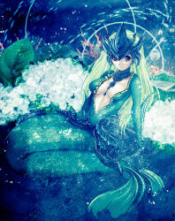 Rule 34 | 1girl, air bubble, aqua theme, between breasts, blonde hair, breasts, bubble, cecil (wing r), coral, fins, full body, headgear, jewelry, league of legends, long hair, medium breasts, mermaid, monster girl, nami (league of legends), necklace, plunging neckline, sitting, solo, tagme, underwater, vastaya