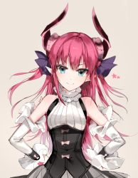 Rule 34 | &gt;:), 1girl, bad id, bad pixiv id, bare shoulders, blue eyes, blush, bow, closed mouth, corset, curled horns, detached sleeves, elizabeth bathory (fate), elizabeth bathory (fate/extra ccc), elizabeth bathory (second ascension) (fate), fate/grand order, fate (series), frills, grey background, grey skirt, hair ribbon, hands on own hips, horns, long hair, long sleeves, looking at viewer, naru (ul), neck garter, pink bow, pink hair, plaid, plaid skirt, pointy ears, purple ribbon, ribbon, simple background, skirt, smile, solo, star (symbol), straight hair, tsurime, upper body, v-shaped eyebrows, very long hair