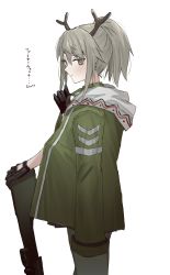 Rule 34 | 1girl, antlers, arknights, black gloves, black skirt, commentary request, firewatch (arknights), from side, gloves, green eyes, green jacket, grey hair, hand up, highres, horn/wood, horns, jacket, long hair, looking to the side, pleated skirt, ponytail, reindeer antlers, simple background, skirt, solo, translation request, tying hair, white background