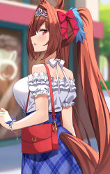 Rule 34 | 1girl, animal ears, asato (fadeless), bag, bead bracelet, beads, blurry, blurry background, blush, bracelet, breasts, brown hair, casual, commentary request, daiwa scarlet (umamusume), fang, from behind, highres, horse ears, horse girl, horse tail, jewelry, large breasts, long hair, looking at viewer, looking back, outdoors, parted lips, red eyes, shoulder bag, skin fang, solo, tail, tiara, twintails, umamusume