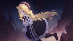 Rule 34 | abigail williams (fate), angry, blonde hair, blue eyes, bow, bowtie, breasts, dark background, dress, fate (series), fog, frown, green eyes, hands up, hat, highres, long hair, running, small breasts, white dress
