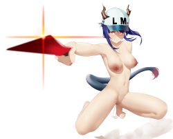 Rule 34 | 1girl, absurdres, after vaginal, aftersex, arknights, armpits, barefoot, baseball cap, bite mark, blue hair, breasts, ch&#039;en (arknights), ch'en (arknights), clenched teeth, collarbone, colored pubic hair, completely nude, cum, cum in pussy, cum pool, cumdrip, dragon girl, dragon horns, dragon tail, female focus, female pubic hair, female tourist c (arknights), full body, hat, highres, holding, holding sword, holding weapon, horns, horns through headwear, large breasts, lens flare, long hair, looking at viewer, navel, nipples, nude, on one knee, outstretched arm, pubic hair, red eyes, simple background, solo, stomach, sword, tail, teeth, vamjulian, weapon, white background, white hat