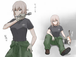 Rule 34 | 1girl, alternate hairstyle, black shirt, blue eyes, brown footwear, closed mouth, clothes around waist, commentary, dirty, dirty face, frown, girls und panzer, gloves, green jumpsuit, grey gloves, grey hair, hair up, hand on own hip, insignia, itsumi erika, jumpsuit, looking to the side, medium hair, multiple views, shirt, shoes, short ponytail, short sleeves, sitting, smile, standing, t-shirt, translated, yuuhi (arcadia)
