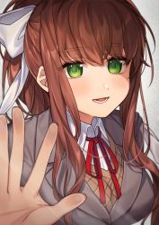 Rule 34 | 1girl, against fourth wall, blazer, bow, breasts, brown hair, brown jacket, collared shirt, commentary, doki doki literature club, english commentary, green eyes, hair between eyes, hair bow, jacket, karokuchitose, long hair, looking at viewer, medium breasts, monika (doki doki literature club), neck ribbon, parted lips, ponytail, red ribbon, ribbon, school uniform, shirt, sidelocks, solo, sweater vest, upper body, white bow, white shirt