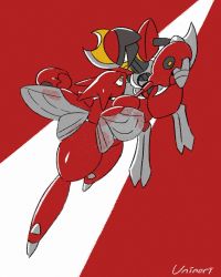 Rule 34 | bisharp, black eyes, claws, closed mouth, commentary request, eye contact, frown, gen 2 pokemon, gen 5 pokemon, highres, looking at another, no humans, orange eyes, pokemon, pokemon (creature), scizor, signature, two-tone background, uninori