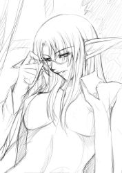 Rule 34 | 1girl, areola slip, breasts, final fantasy, final fantasy xi, glasses, greyscale, large breasts, monochrome, open clothes, open shirt, parted bangs, pointy ears, shirt, solo, underboob