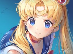 Rule 34 | 1girl, artist name, bishoujo senshi sailor moon, blonde hair, blue eyes, blue sailor collar, blush, breasts, choker, circlet, cleavage, commentary request, crescent, crescent earrings, dated, derivative work, earrings, hair ornament, hair over shoulder, heart, heart choker, ika (4801055), jewelry, long hair, meme, parted bangs, parted lips, red choker, sailor collar, sailor moon, sailor moon redraw challenge (meme), solo, teeth, tsukino usagi, twintails, twitter username, upper body