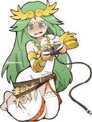 Rule 34 | 1girl, @ @, blush, breasts, controller, crying, dress, feet, game controller, gamecube controller, gamepad, green eyes, green hair, highres, kid icarus, kneeling, large breasts, legs, long hair, nintendo, open mouth, palutena, solo, thighs