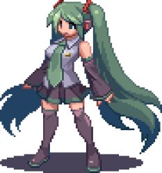Rule 34 | d-01, green hair, hatsune miku, headphones, long hair, lowres, pixel art, simple background, solo, thighhighs, twintails, very long hair, vocaloid, white background