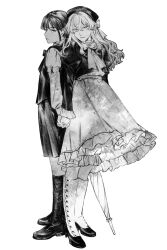 Rule 34 | 2girls, ascot, back-to-back, boots, closed umbrella, dress, frilled dress, frilled sleeves, frills, full body, greyscale, hat, highres, holding hands, long hair, long sleeves, looking at viewer, machihazure, monochrome, multiple girls, original, pleated skirt, shirt, sidelocks, simple background, skirt, standing, umbrella, white background, yuri