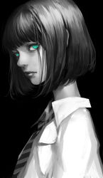 Rule 34 | 1girl, black background, blunt bangs, collared shirt, from side, green eyes, highres, looking at viewer, looking to the side, medium hair, necktie, original, parted lips, shirt, sideways glance, simple background, solo, spot color, upper body, wataboku, wing collar