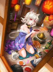 Rule 34 | 1girl, absurdres, alcohol, animal, animal ears, animal print, aqua eyes, bare shoulders, beer, beer mug, bell, black cat, bottle, breasts, cat, cat ears, cat girl, cat tail, chest of drawers, chopsticks, cleavage, closed eyes, collar, collarbone, commentary, cup, cushion, dinner, drinking glass, dutch angle, english commentary, eyelashes, fingernails, fish (food), fish print, floor, floral print, food, from outside, from side, full body, hair between eyes, hallway, highres, huge filesize, indoors, japanese clothes, jingle bell, kettle, kimono, lantern, long sleeves, looking at viewer, medium breasts, mixed-language commentary, mouth hold, mug, neck bell, nigirizushi, obi, off shoulder, open mouth, orb, original, own hands together, paper lantern, patipat asavasena, paw print, petals, plant, plate, pot, print kimono, purple kimono, red eyes, reflective floor, rock, running bond, sakazuki, sake, sash, seiza, short hair, sitting, smile, sushi, tail, taiyaki, tassel, tea, tongue, wagashi, wall, wasabi, white hair, wide sleeves, window, wooden floor, yellow eyes, yunomi